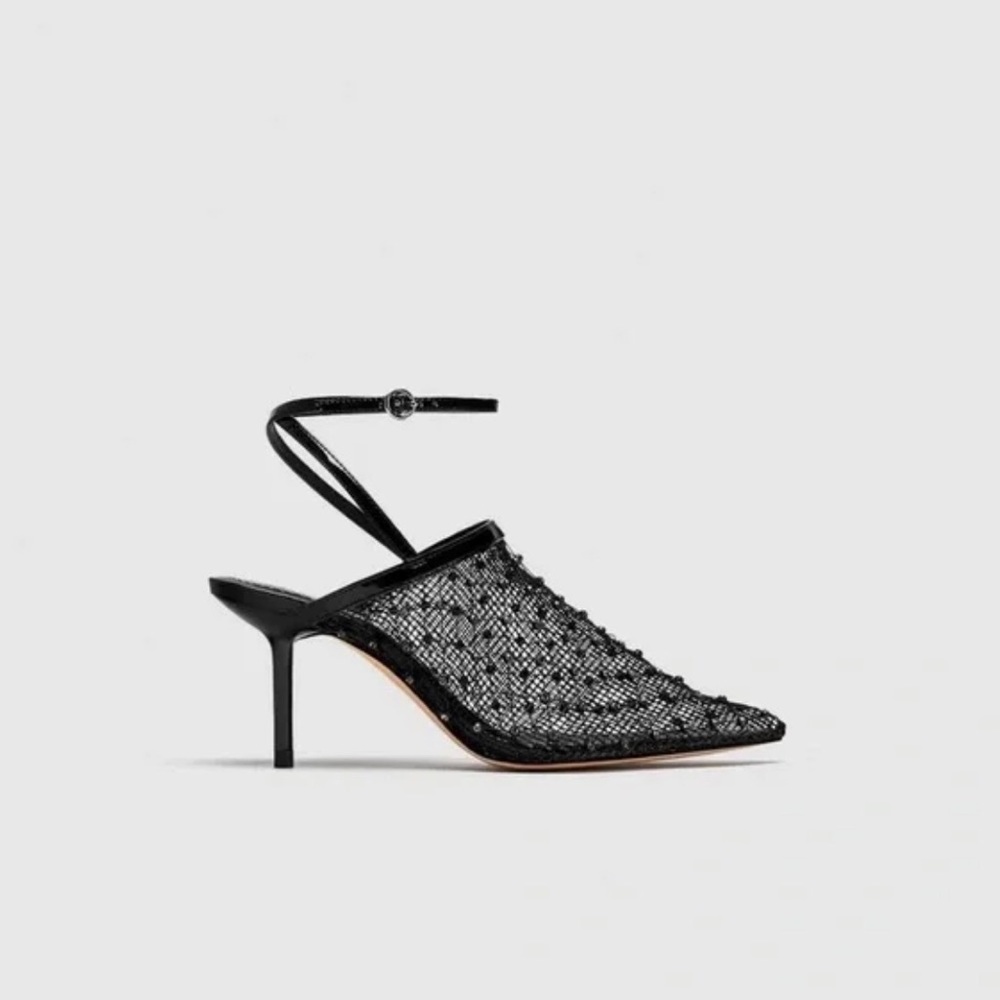 NWT Zara Black Mesh Rhinestones Ankle Strap Sandals Size 6 / 36 (Mid Heels)
